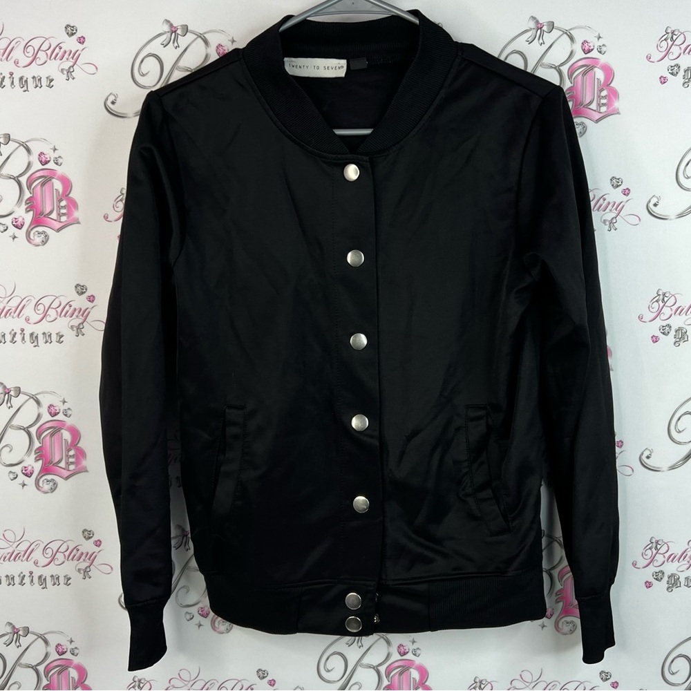 Twenty to seven button up shiny shimmer Trendy Black Bomber Jacket for Women